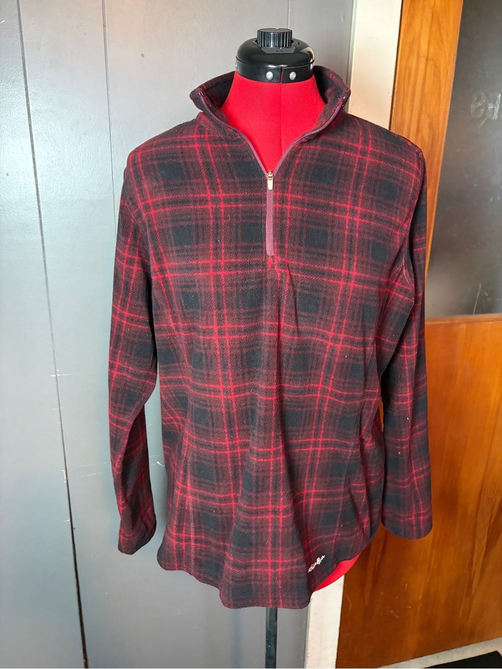 Eddie Bauer Red and Black Plaid Half-Zip Sweater